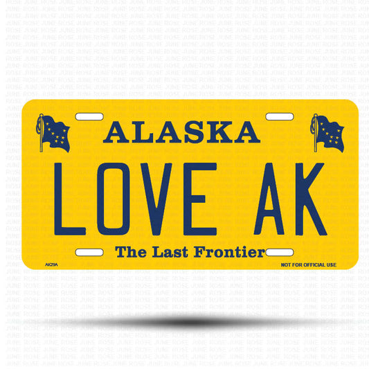 LOVE AK Flat Aluminum License Plate | 6" x 12" | State Plate Front View Name Plate