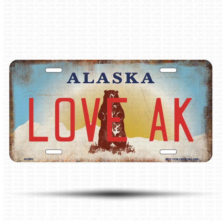 AK29B | LOVE AK | ALASKA | AK | Flat Aluminum License Plate | 6" x 12" | State Plate Alaska Bear Design