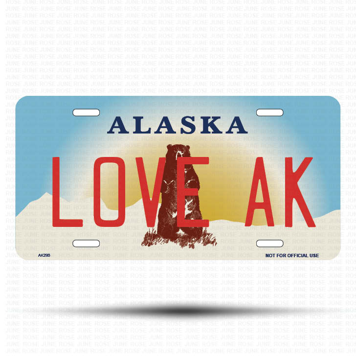 LOVE AK Flat Aluminum License Plate | 6" x 12" | State Plate Front View Name Plate