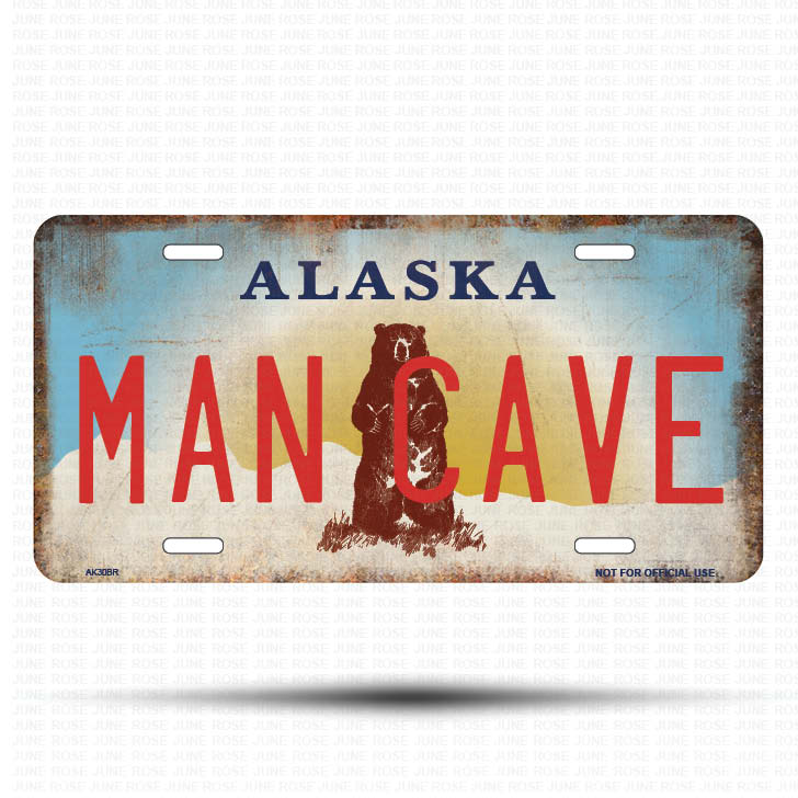 AK30B | MAN CAVE | ALASKA | AK | Flat Aluminum License Plate | 6" x 12" | State Plate Alaska Bear Design