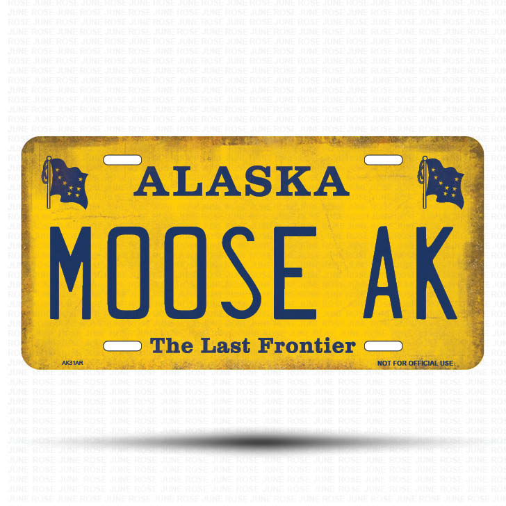 AK31A | MOOSE AK | ALASKA | AK | Flat Aluminum License Plate | 6" x 12" | State Plate Yellow Last Frontier
