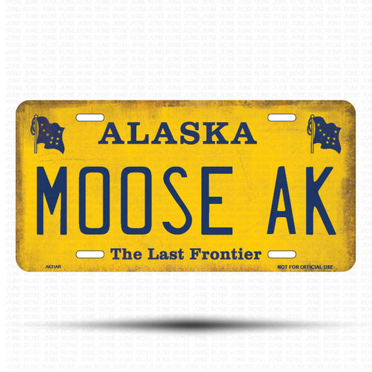 AK31A | MOOSE AK | ALASKA | AK | Flat Aluminum License Plate | 6" x 12" | State Plate Yellow Last Frontier