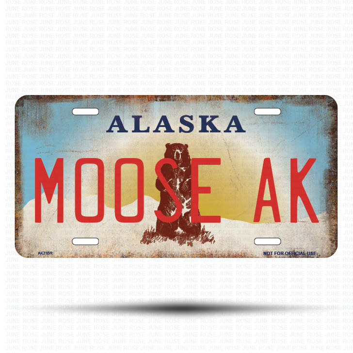 AK31B | MOOSE AK | ALASKA | AK | Flat Aluminum License Plate | 6" x 12" | State Plate Alaska Bear Design