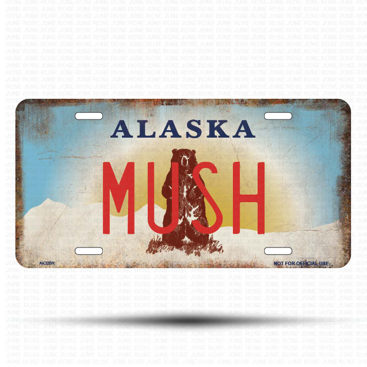 AK32B | MUSH | ALASKA | AK | Flat Aluminum License Plate | 6" x 12" | State Plate Alaska Bear Design
