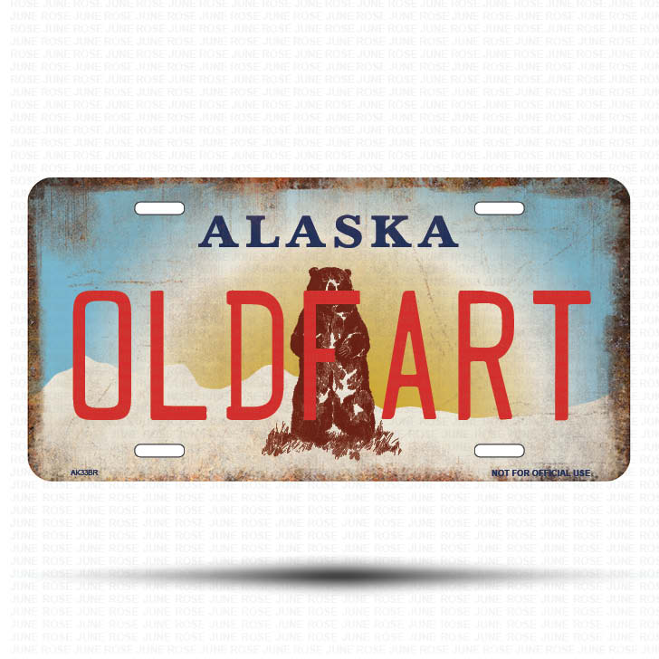 AK33B | OLDFART | ALASKA | AK | Flat Aluminum License Plate | 6" x 12" | State Plate Alaska Bear Design