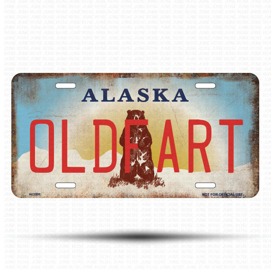 AK33B | OLDFART | ALASKA | AK | Flat Aluminum License Plate | 6" x 12" | State Plate Alaska Bear Design