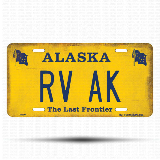 AK35A | RV AK | ALASKA | AK | Flat Aluminum License Plate | 6" x 12" | State Plate Yellow Last Frontier