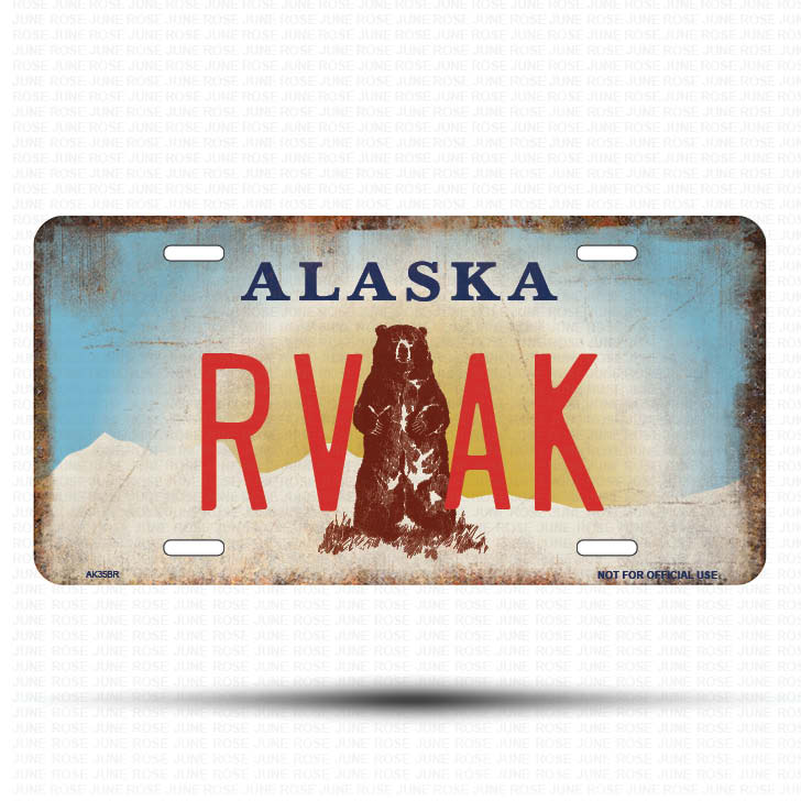 AK35B | RV AK | ALASKA | AK | Flat Aluminum License Plate | 6" x 12" | State Plate Alaska Bear Design