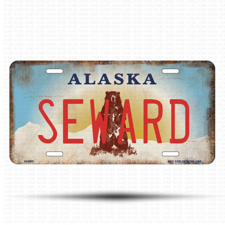 AK36B | SEWARD | ALASKA | AK | Flat Aluminum License Plate | 6" x 12" | State Plate Alaska Bear Design