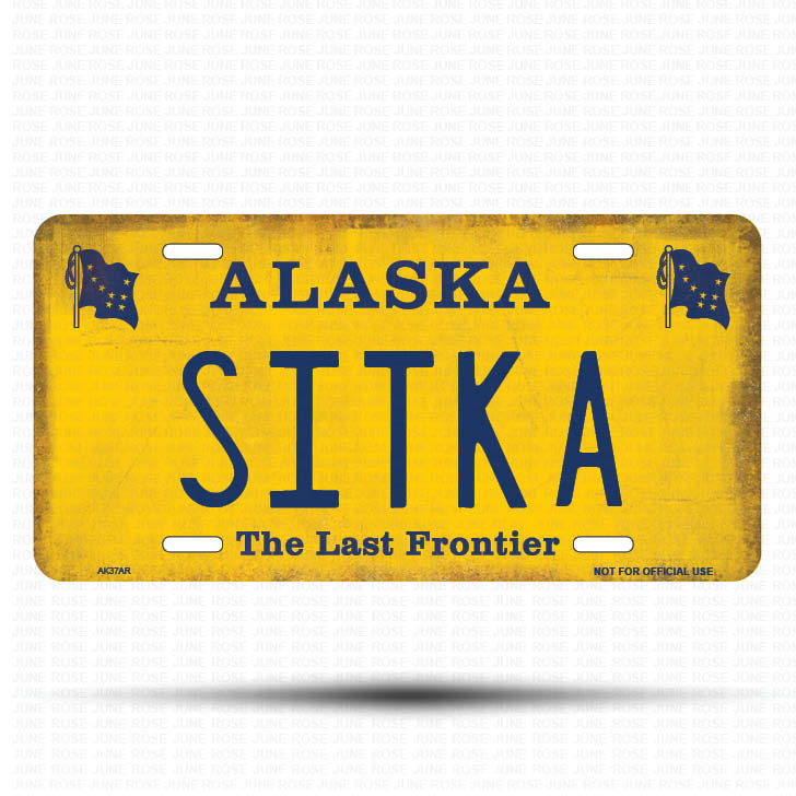 AK37A | SITKA | ALASKA | AK | Flat Aluminum License Plate | 6" x 12" | State Plate Yellow Last Frontier