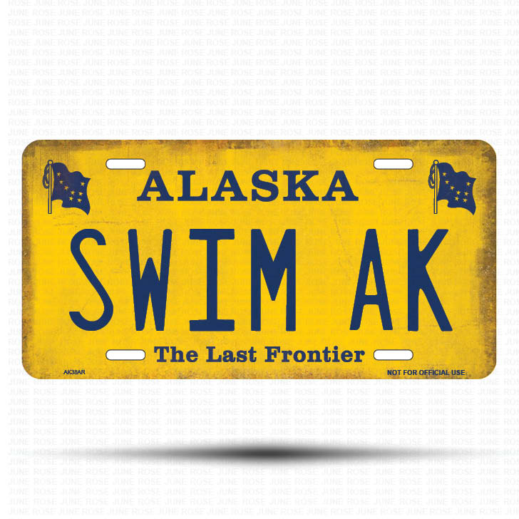 AK38A | SWIM AK | ALASKA | AK | Flat Aluminum License Plate | 6" x 12" | State Plate Yellow Last Frontier