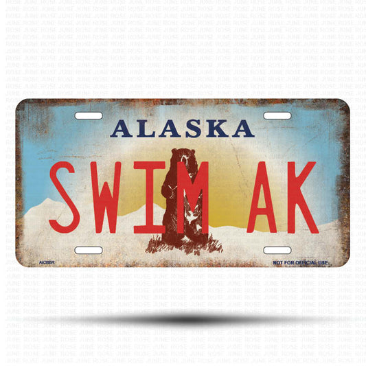 AK38B | SWIM AK | ALASKA | AK | Flat Aluminum License Plate | 6" x 12" | State Plate Alaska Bear Design