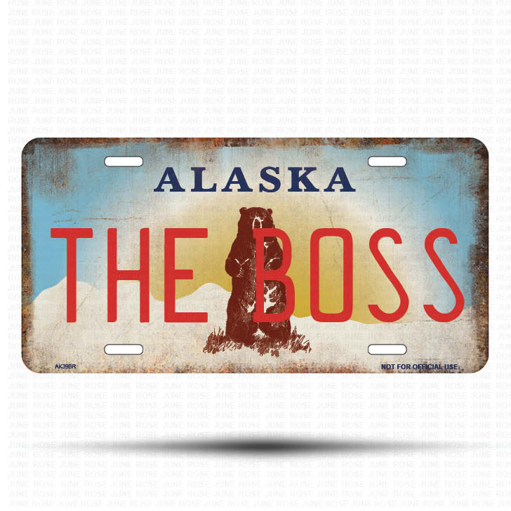 AK39B | THE BOSS | ALASKA | AK | Flat Aluminum License Plate | 6" x 12" | State Plate Alaska Bear Design