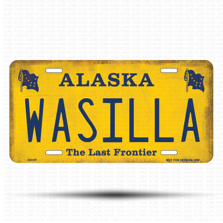 AK41A | WASILLA | ALASKA | AK | Flat Aluminum License Plate | 6" x 12" | State Plate Yellow Last Frontier