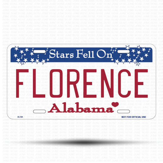 FLORENCE Flat Aluminum License Plate | 6" x 12" | State Plate Front View Name Plate Alabama State Plate