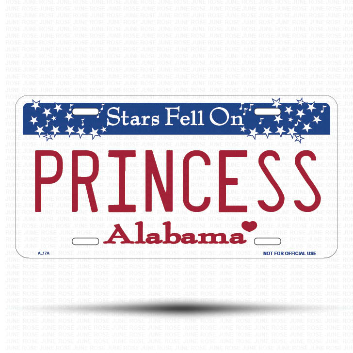PRINCESS Flat Aluminum License Plate | 6" x 12" | State Plate Front View Name Plate Alabama State Plate