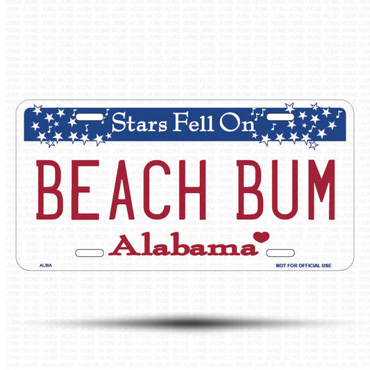 BEACH BUM Flat Aluminum License Plate | 6" x 12" | State Plate Front View Name Plate Alabama State Plate