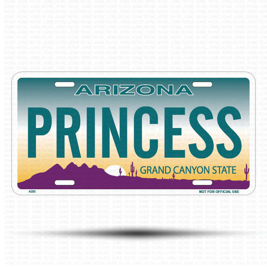 PRINCESS Flat Aluminum License Plate | 6" x 12" | State Plate Front View Name Plate