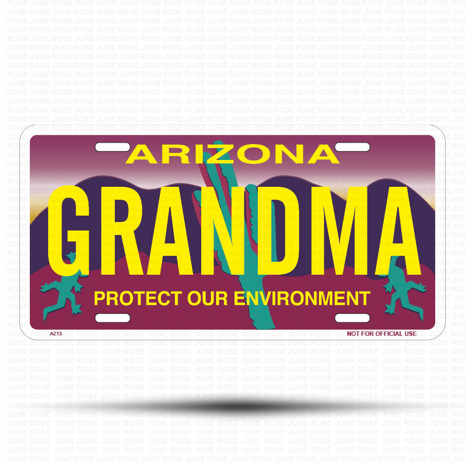 GRANDMA Flat Aluminum License Plate | 6" x 12" | State Plate Front View Name Plate"Arizona Protect Our Environment
