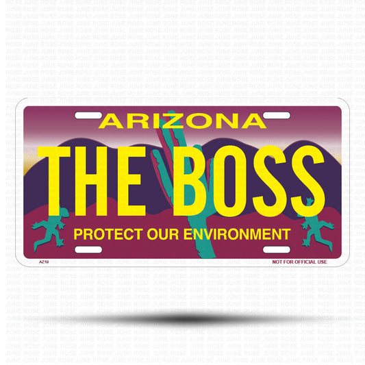THE BOSS Flat Aluminum License Plate | 6" x 12" | State Plate Front View Name Plate"Arizona Protect Our Environment