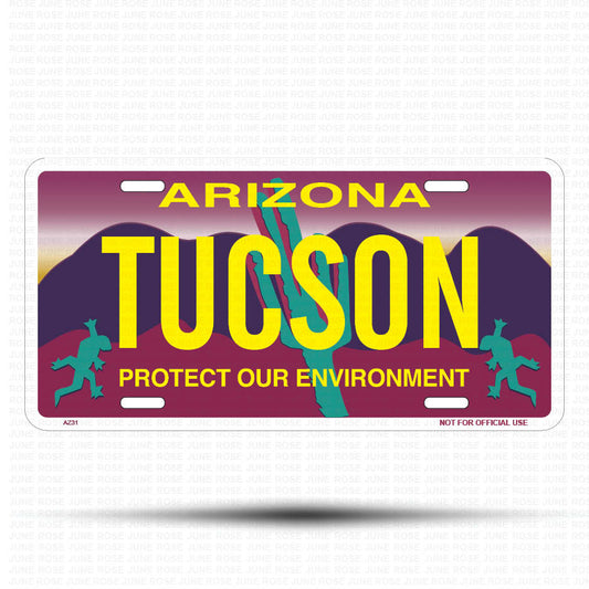 TUCSON Flat Aluminum License Plate | 6" x 12" | State Plate Front View Name Plate"Arizona Protect Our Environment