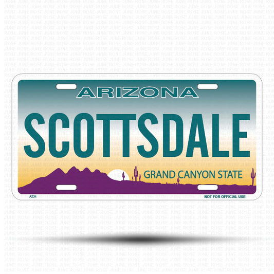 SCOTTSDALE Flat Aluminum License Plate | 6" x 12" | State Plate Front View Name Plate