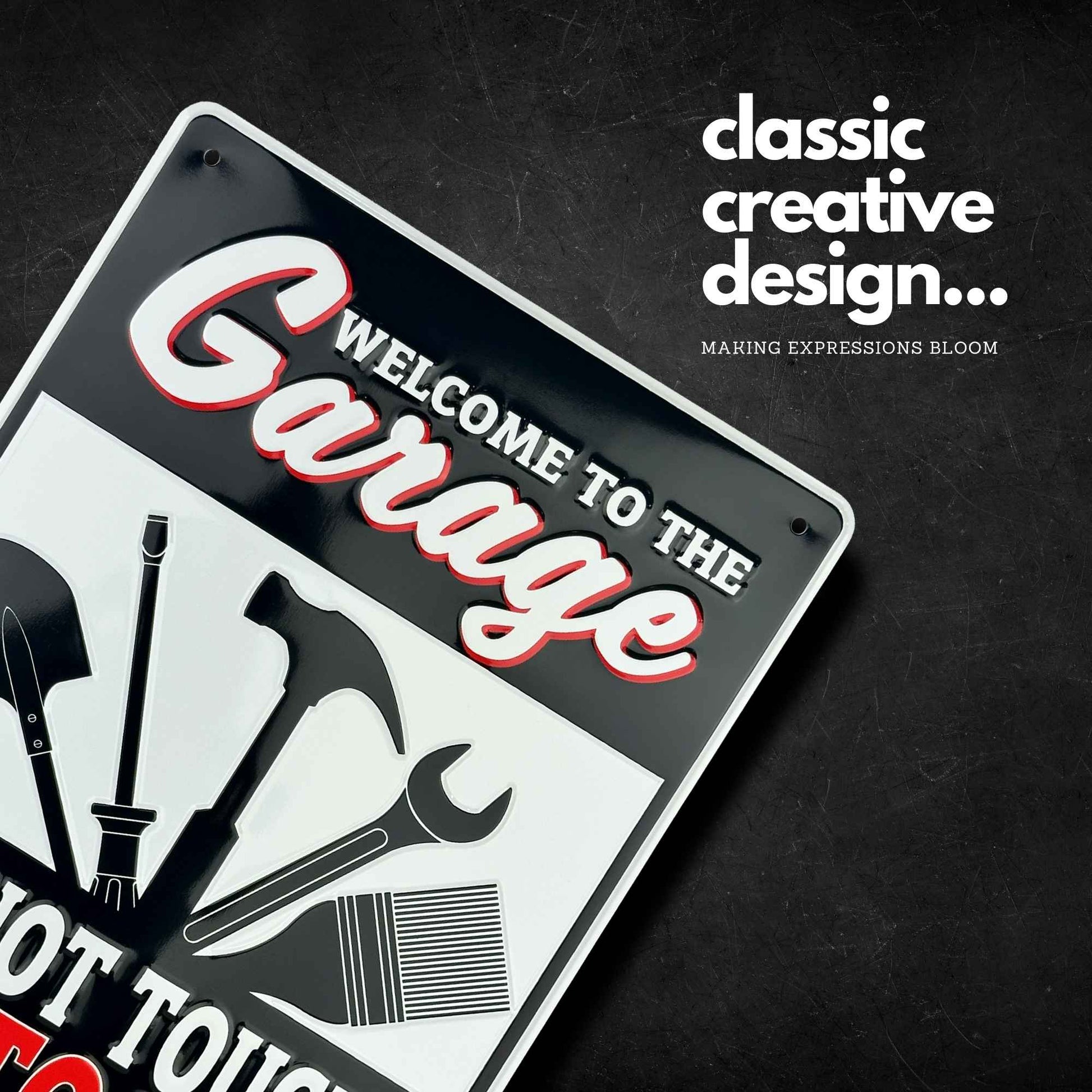 Metal sign with 'Welcome to the Garage' text and tools on a dark background