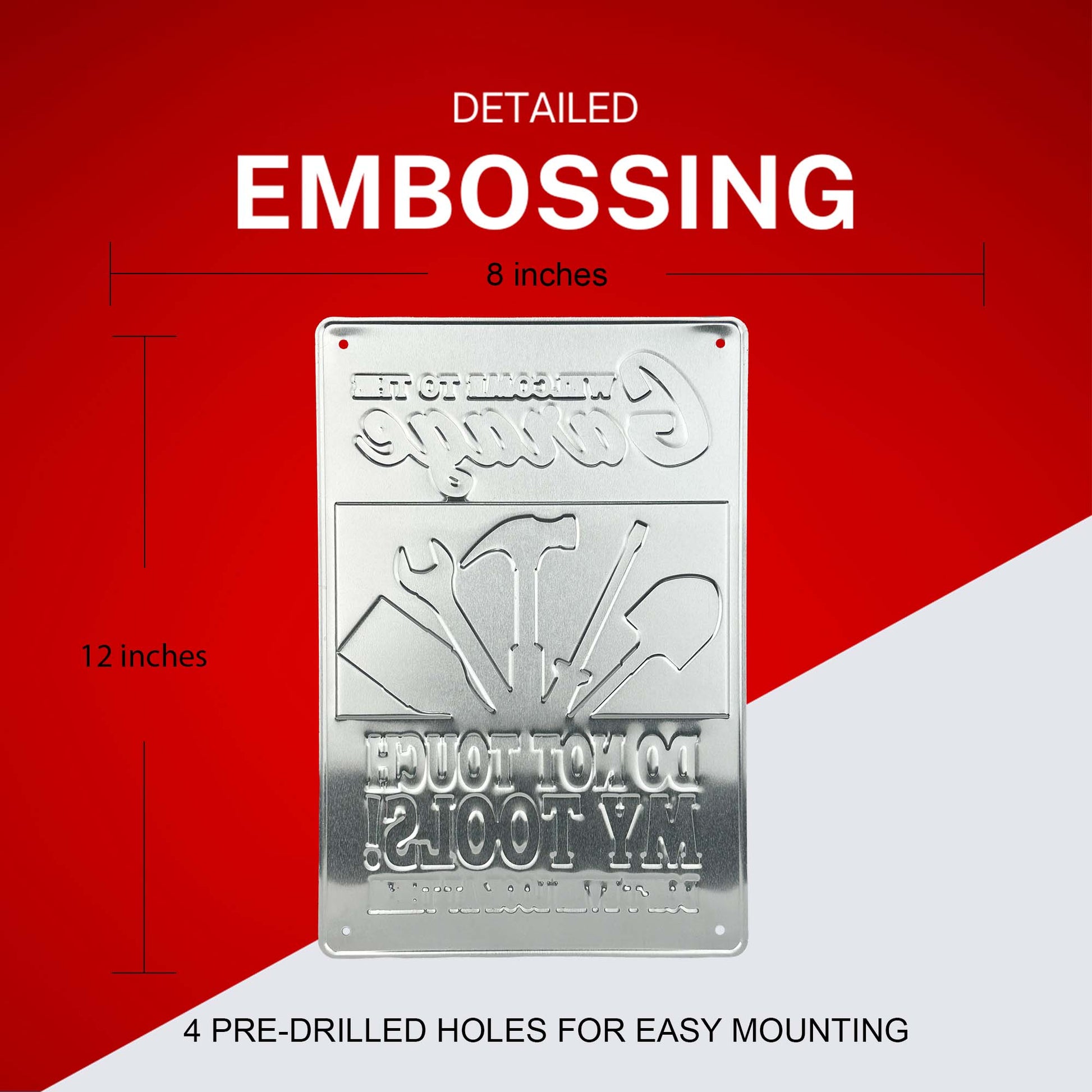 Metal sign with embossing on a red and white background