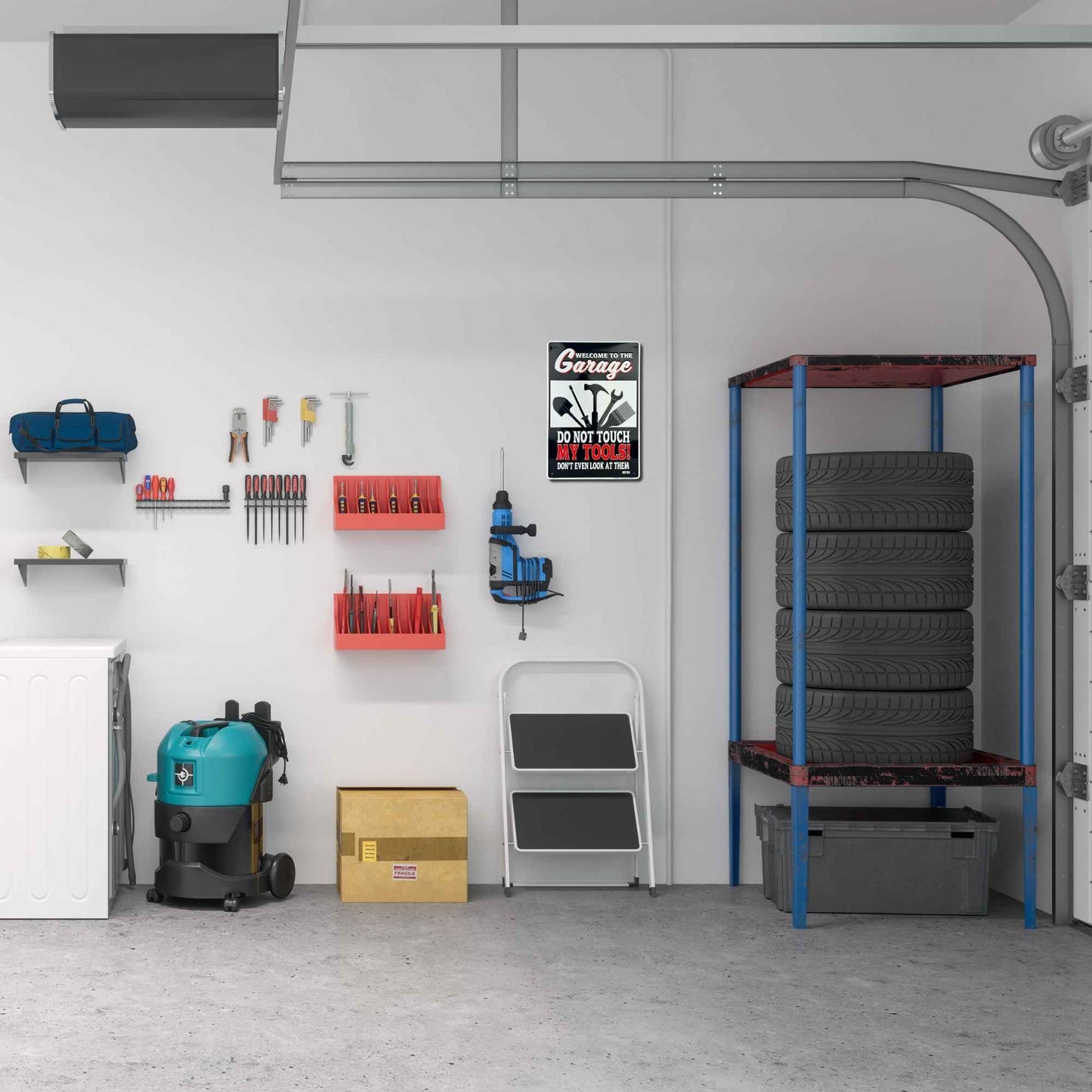 Garage interior with tools, shelves, and tires