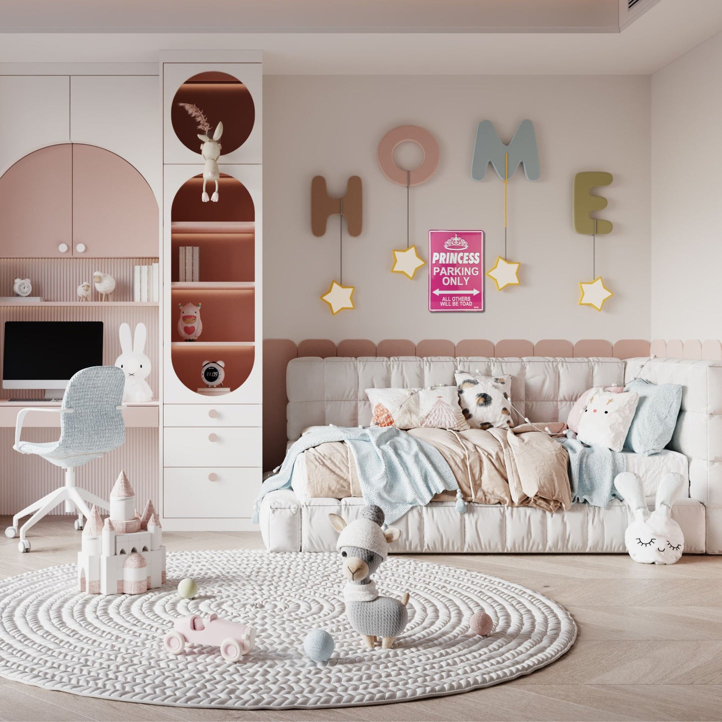 Children's room with pink walls, a bed, and various toys and decor items. Princess Parking Only