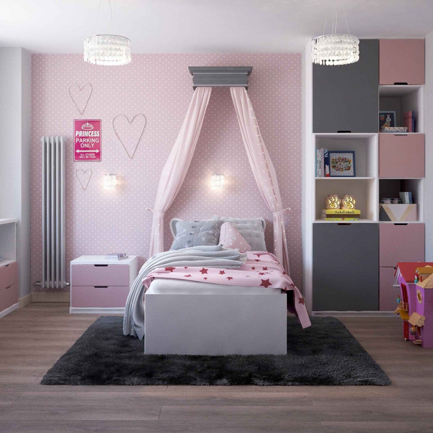 Children's bedroom with pink walls, a canopy bed, and shelves. BM2413 Princess Parking Only