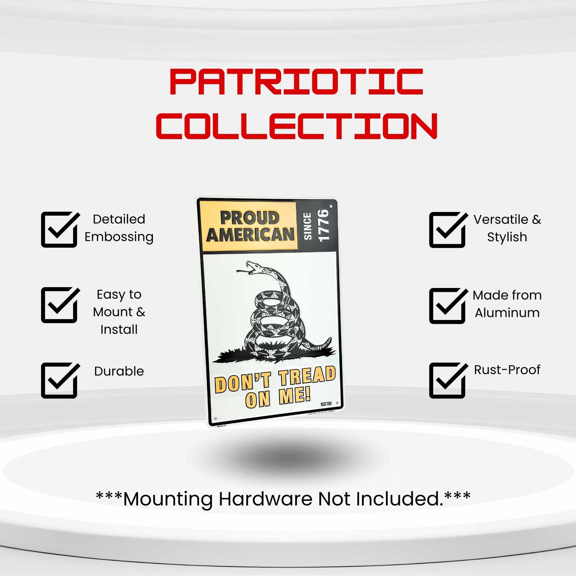 Patriotic product with 'Don't Tread on Me' design and promotional text on a white background. BM2424-SP