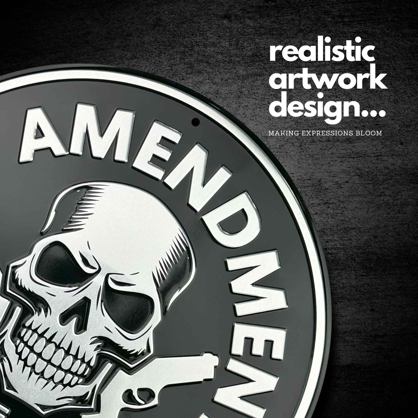 Circular design with skull and gun illustration and text 'AMENDMENT' on a dark background.