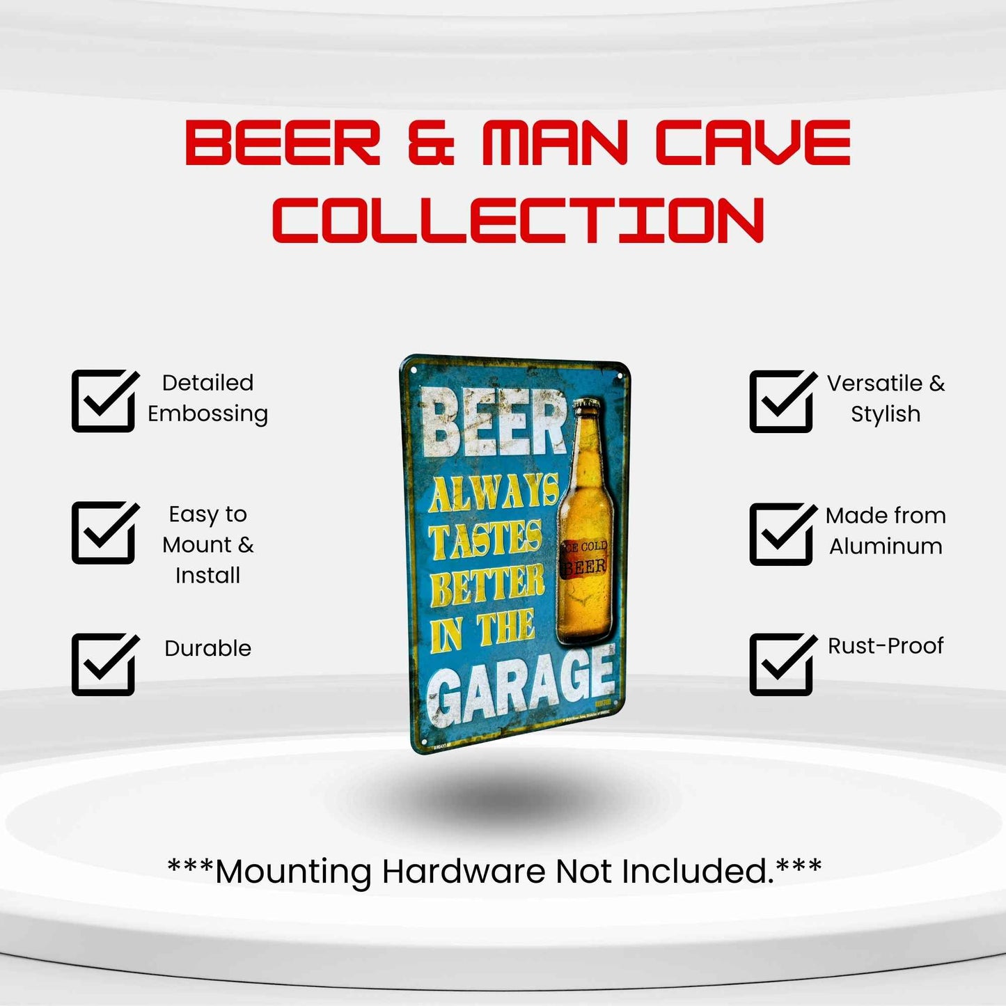 Decorative metal sign for beer and man cave collection with features listed on a white background.