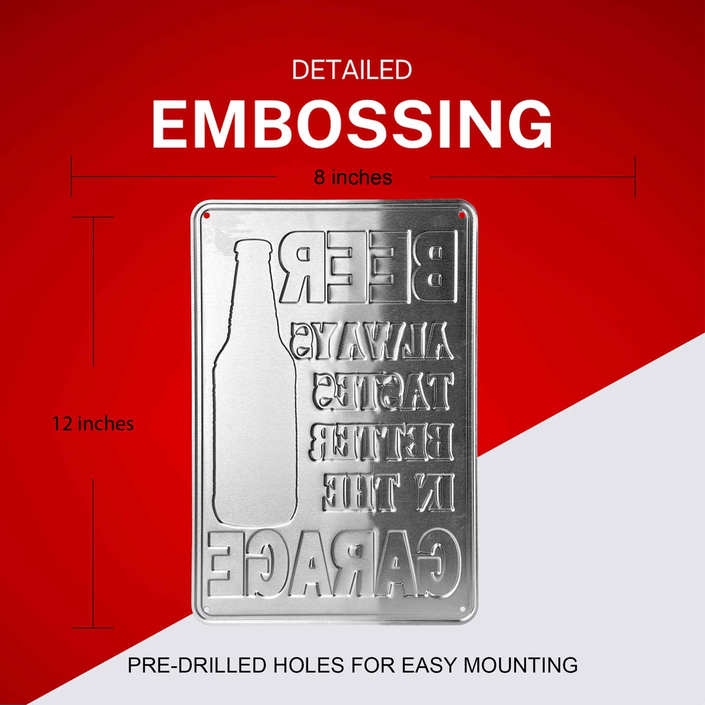Metal sign with embossed text and dimensions on a red and white background