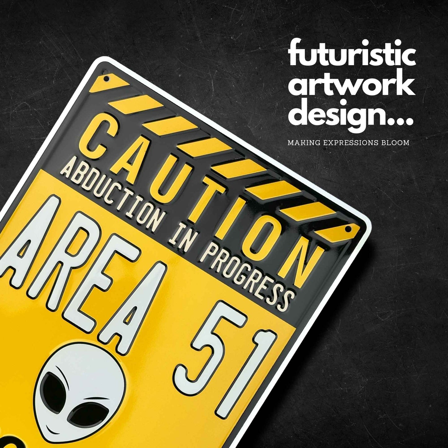 Futuristic 'Caution: Abduction in Progress - Area 51' sign with alien icon on a dark background