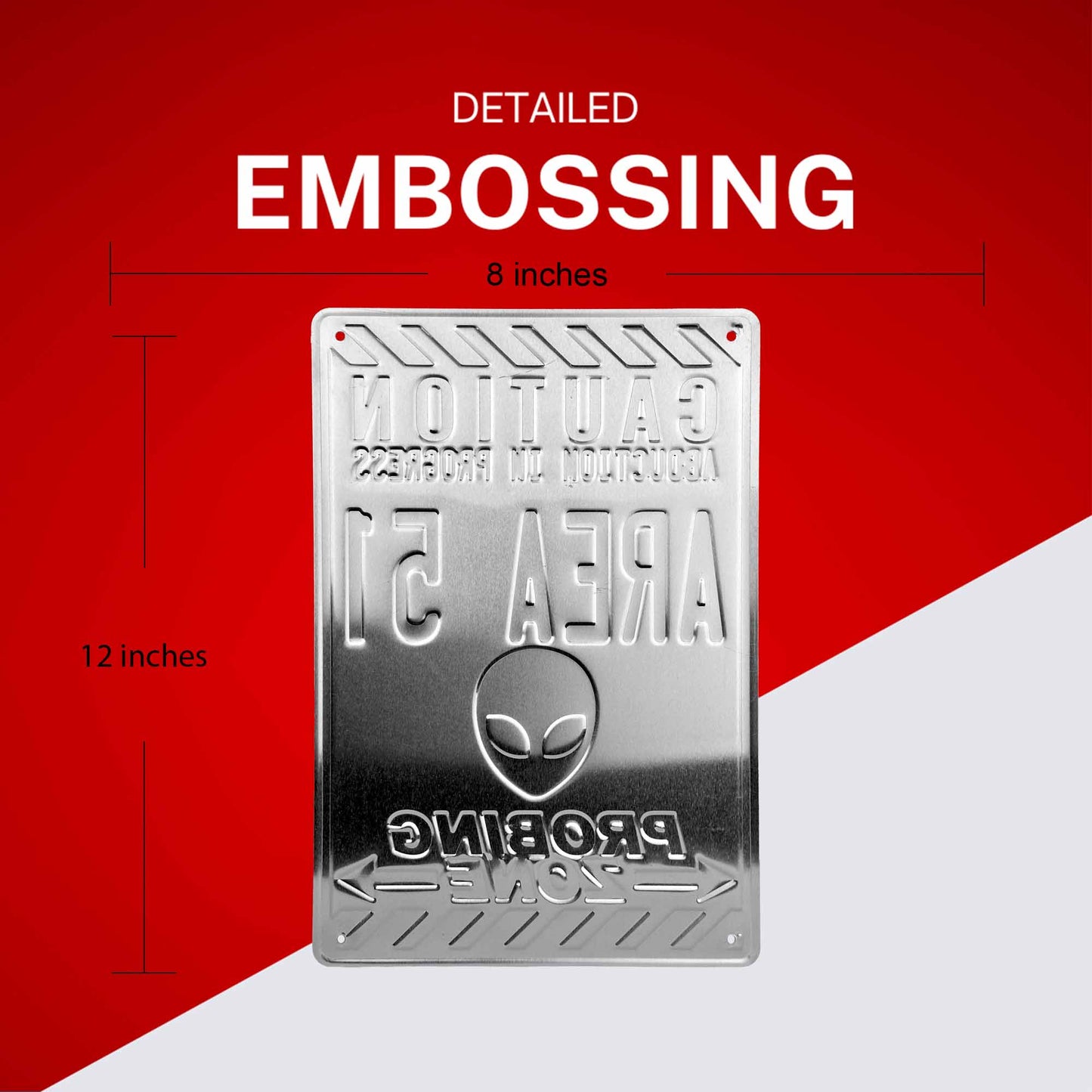 Metallic plaque with embossing details on a red and white background