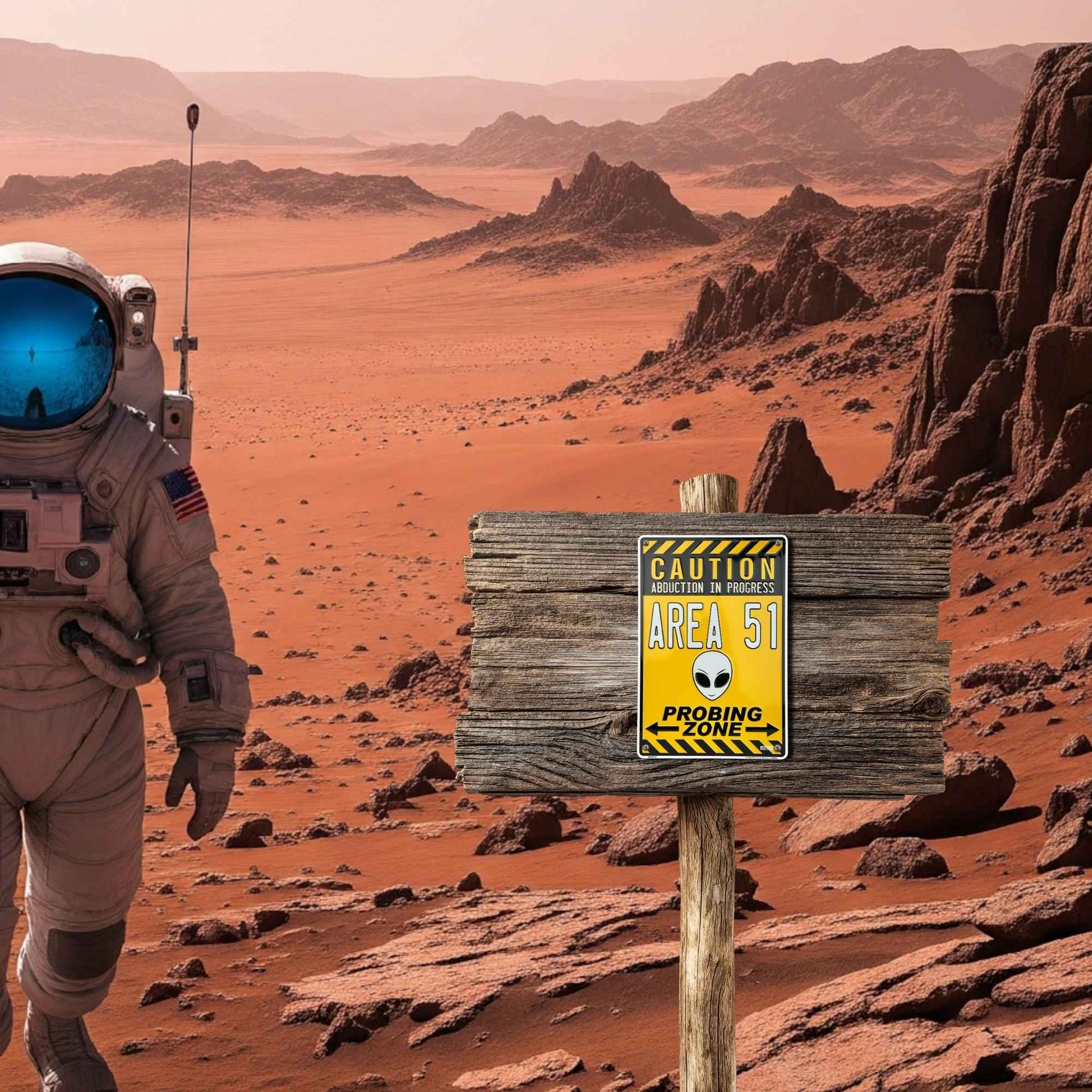 Astronaut on Mars with a 'Caution Area 51' sign