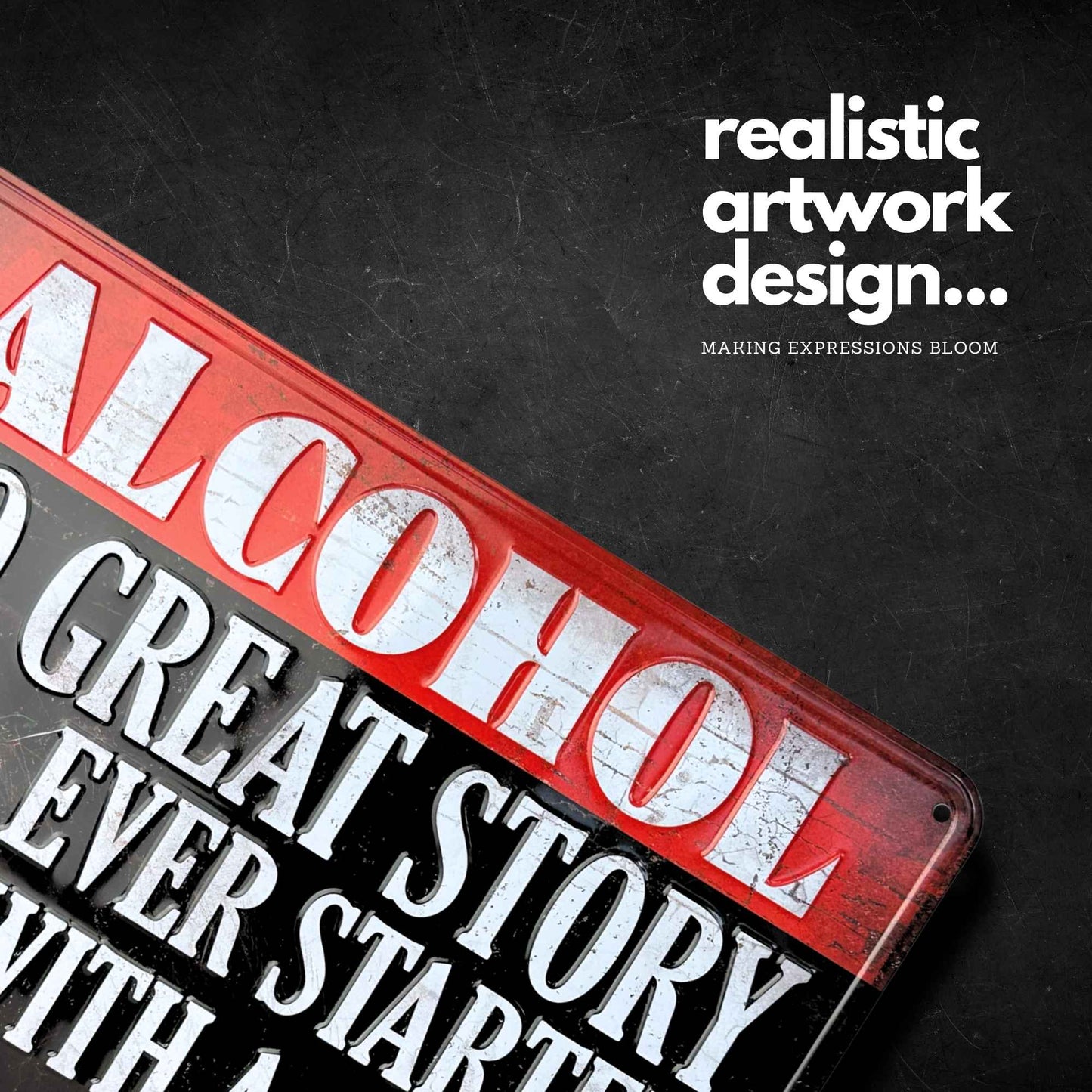 Metallic sign with text on a dark background, featuring the word 'Alcohol'.