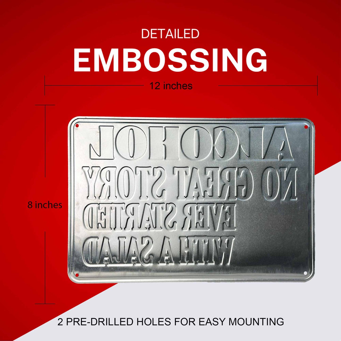 Metal sign with embossed text on a red and white background
