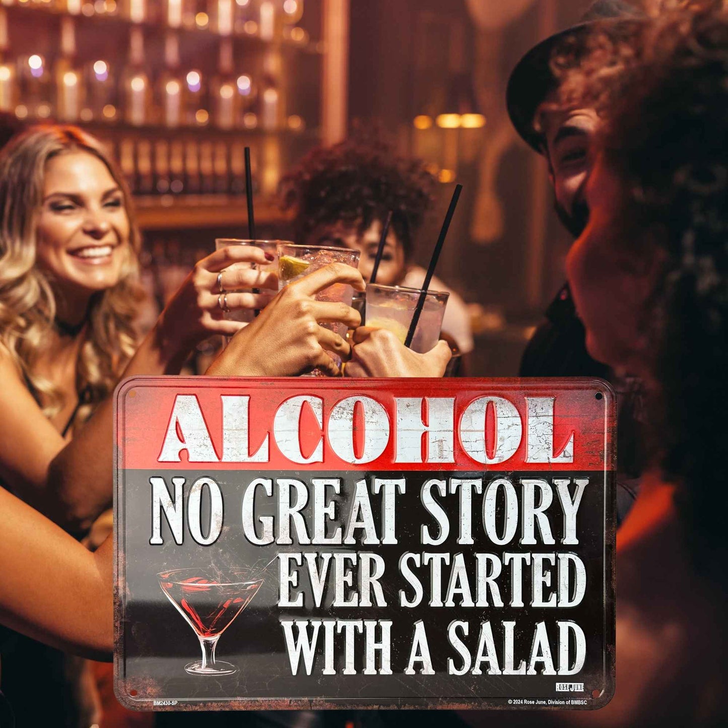 People enjoying drinks with a humorous alcohol sign overlay