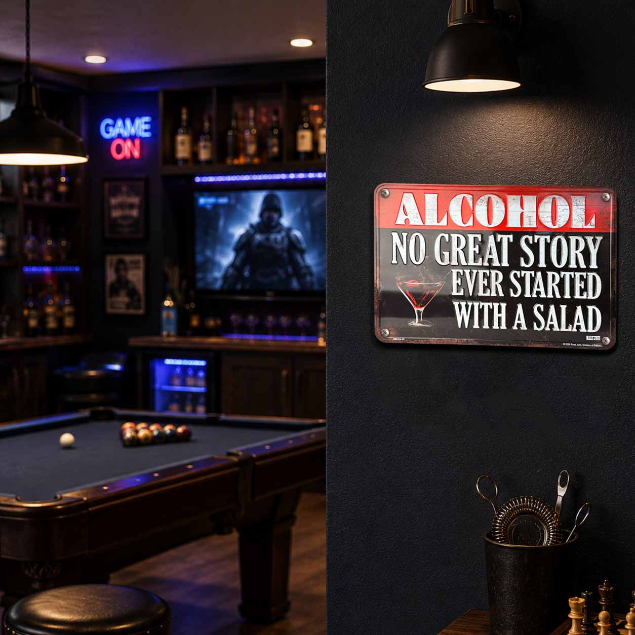 Alcohol-themed sign in a bar setting with pool table and TV.