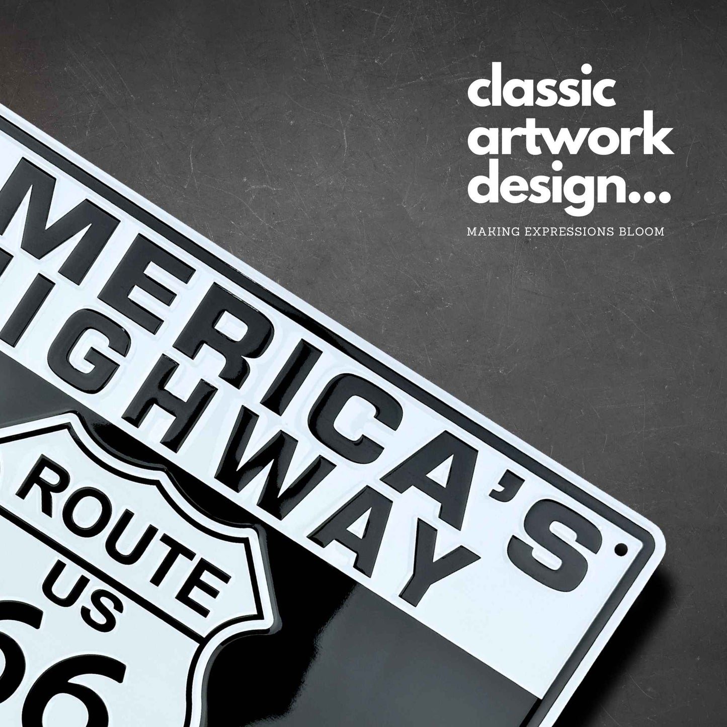 License plate with 'America's Highway Route 66' text on a dark background with 'classic artwork design' text.