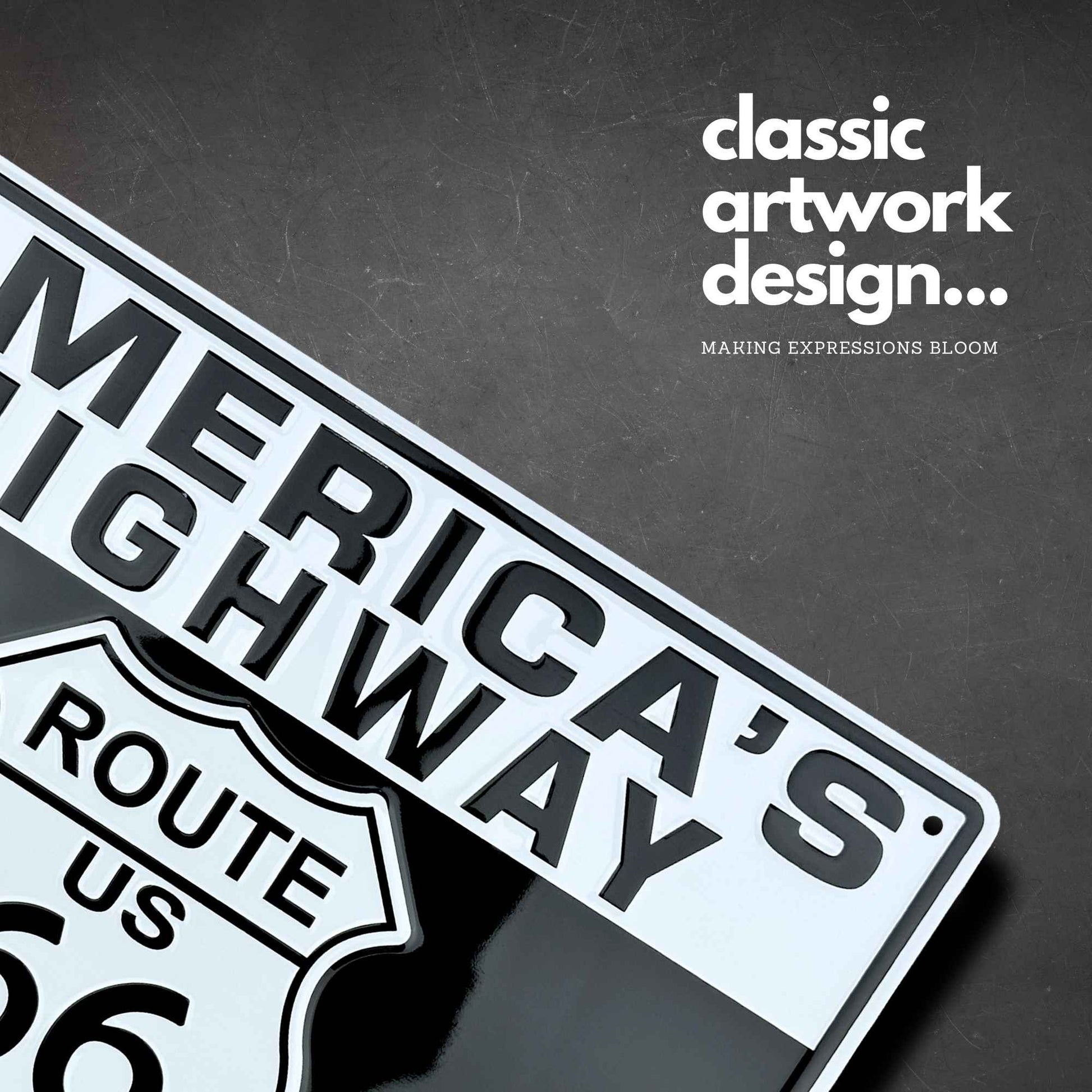 License plate with 'America's Highway Route 66' text on a dark background with 'classic artwork design' text.