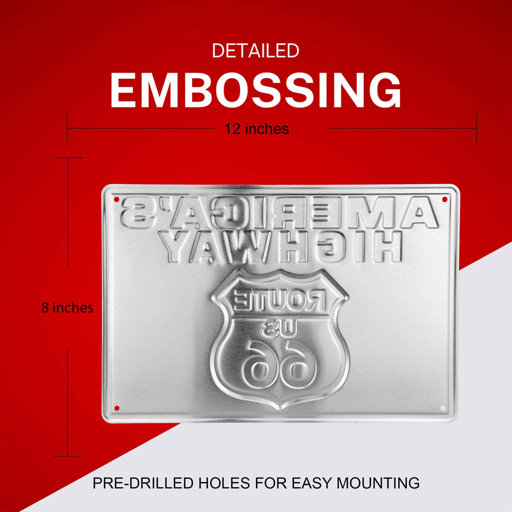 Metal sign with embossing and dimensions on a red and white background