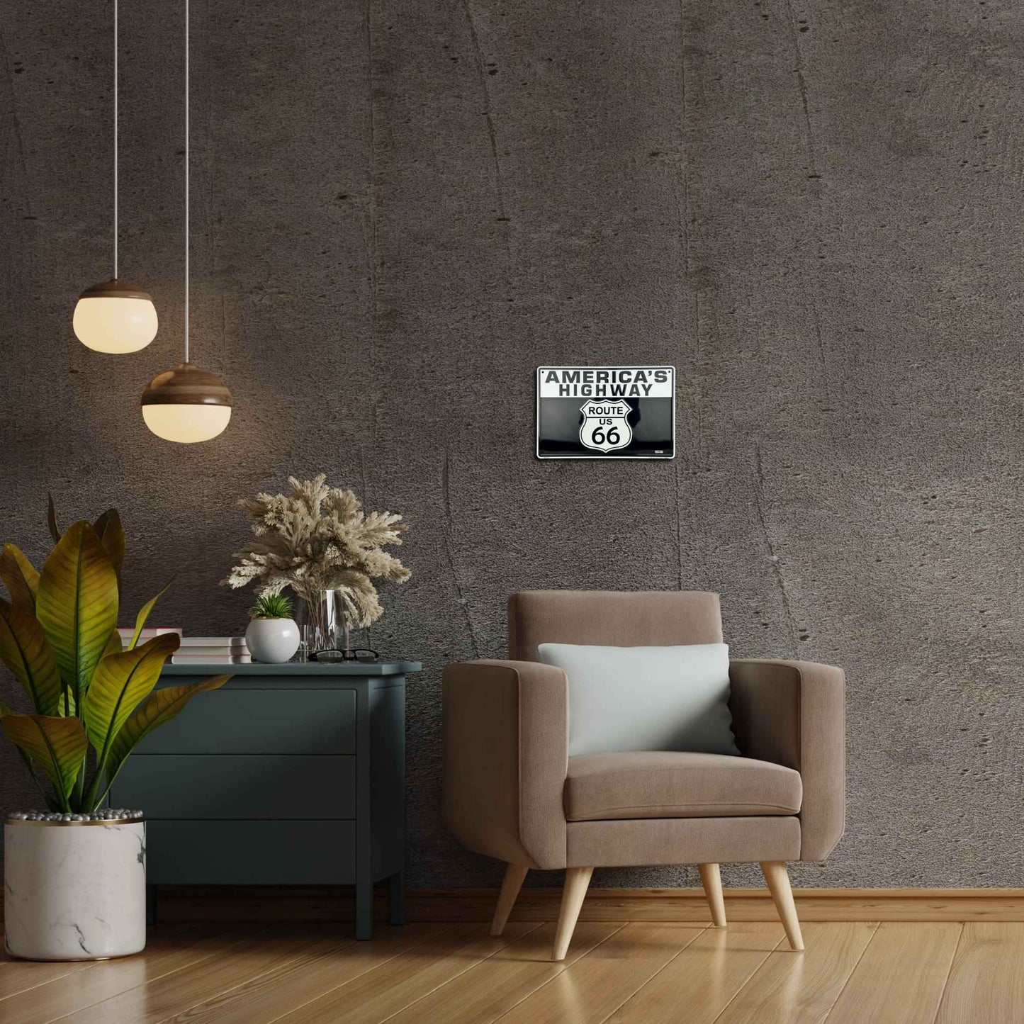 Modern living room with a brown armchair, side table, and decorative sign on a textured wall.