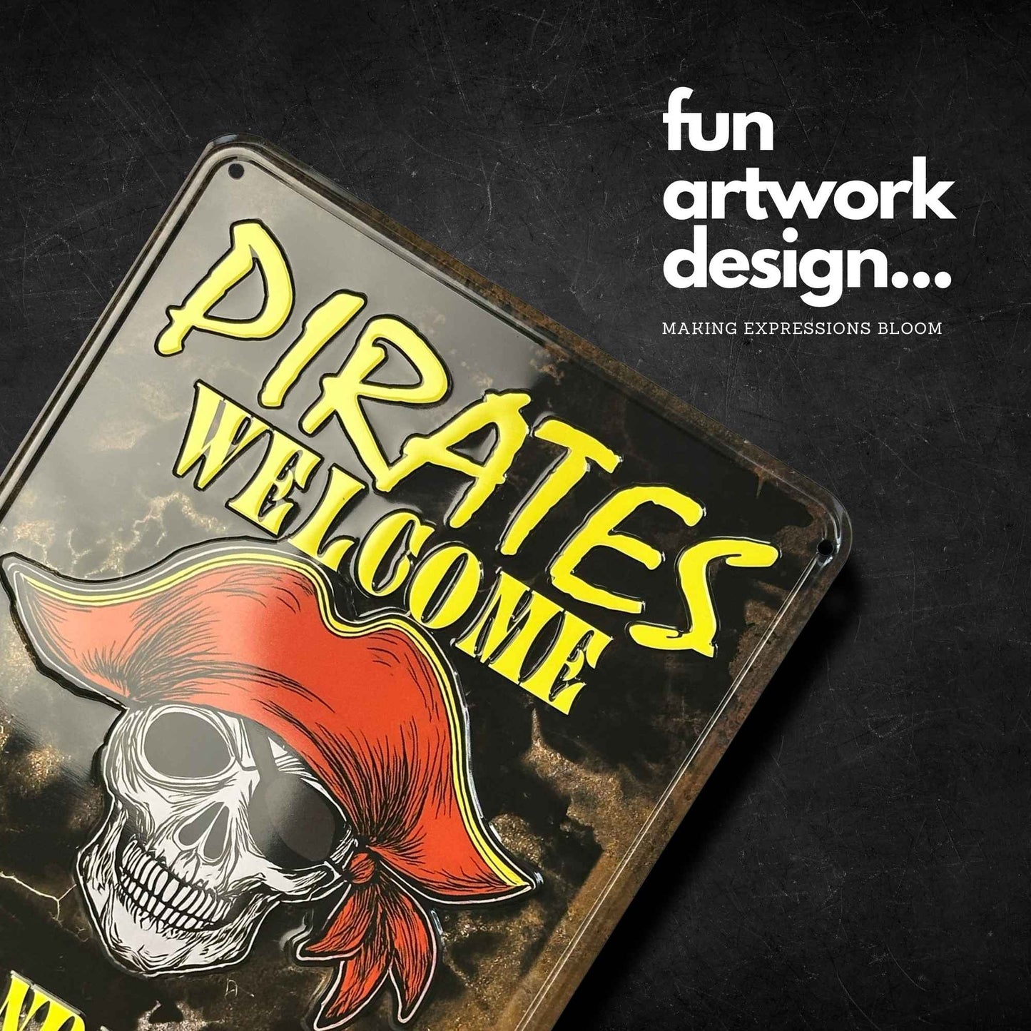 Decorative sign with pirate-themed artwork on a dark background