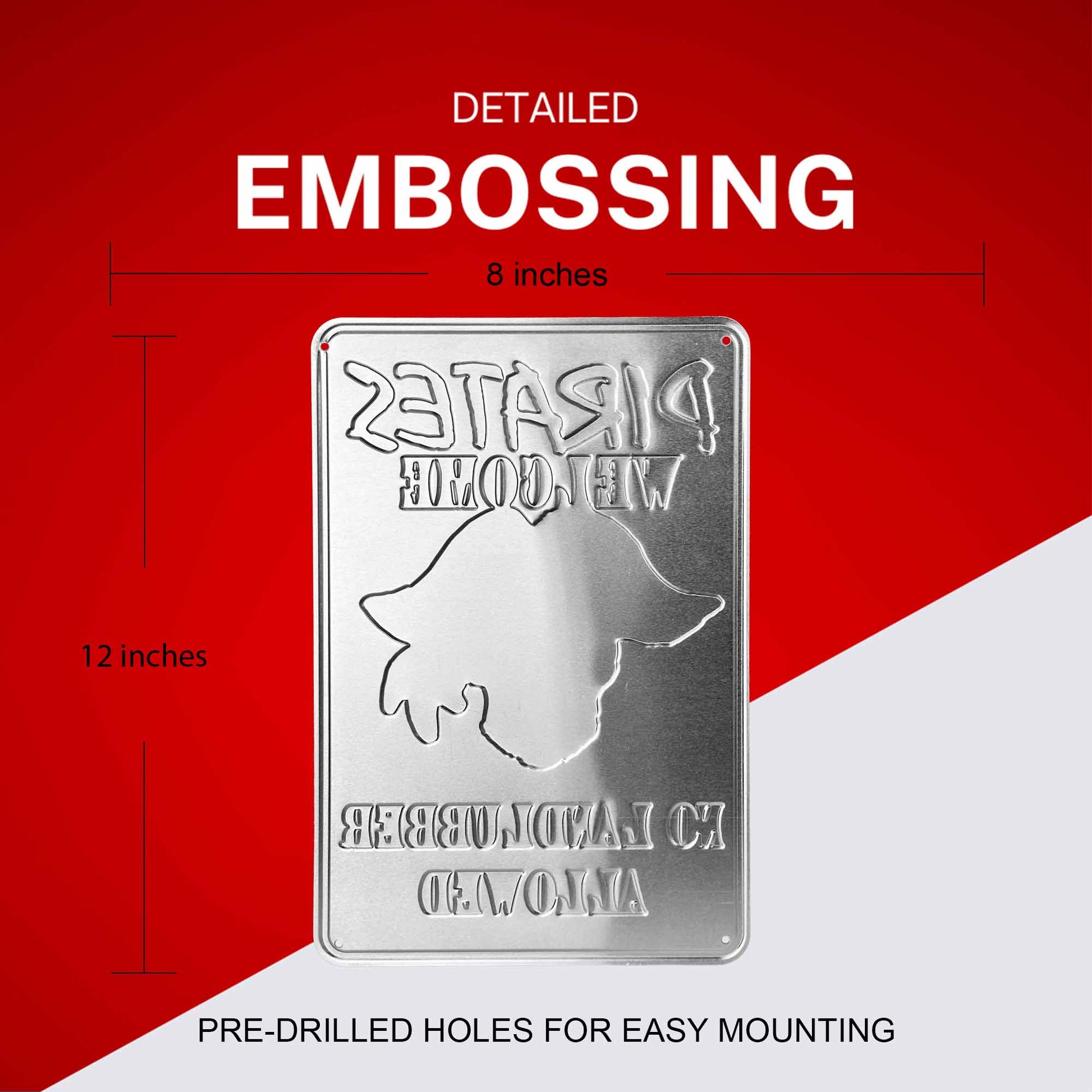 Metal embossing sheet with detailed embossing and pre-drilled holes on a red and white background