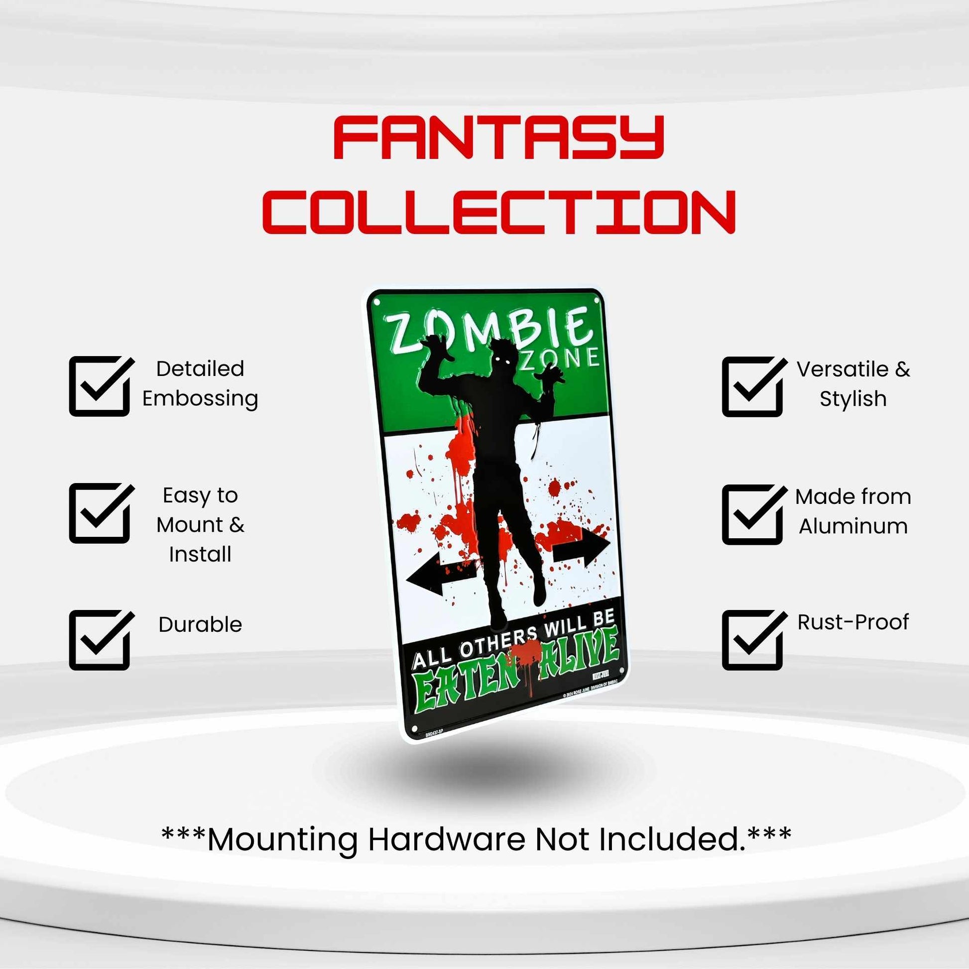 Fantasy Collection Zombie Zone sign with features listed on a white background