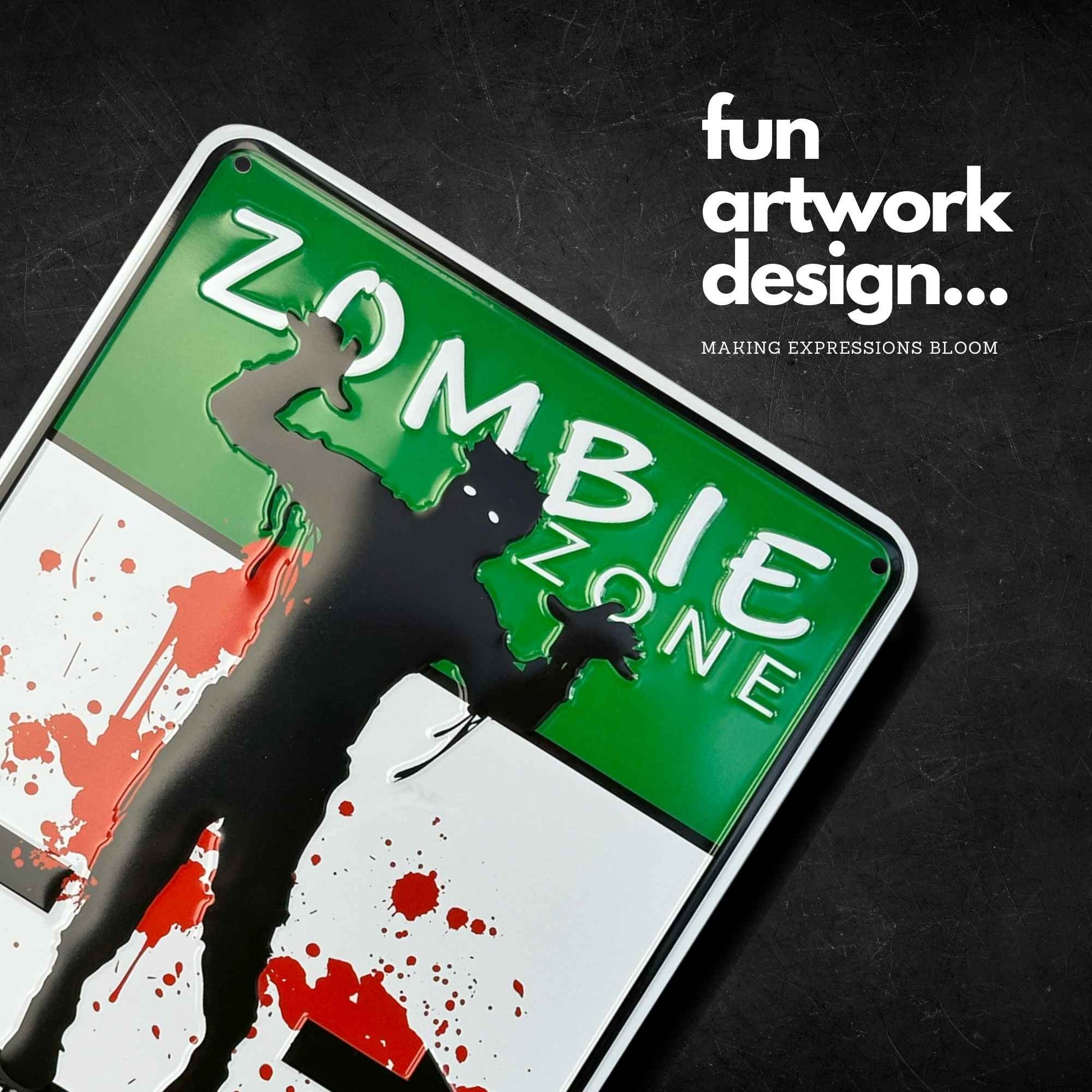Zombie-themed license plate with silhouette and blood splashes on a dark background